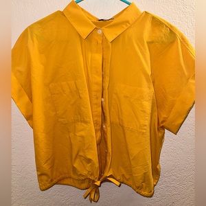 Madewell Top Womens Large Yellow Cropped Button Up Tie Waist Blouse 100% Cotton